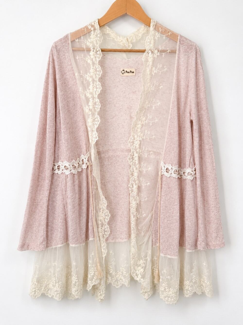 Pink Lace Trim Open Front Cardigan Women’s Medium Boho Romantic Coquette Whimsy